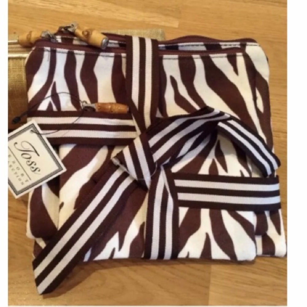NWT Set of 3 Toss zip cosmetics bags brown & white